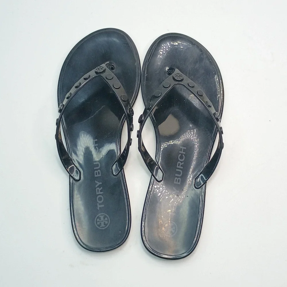 Tory Burch Jelly Studded Flip Flop Women Size 7 Black PVC Thong Sandal